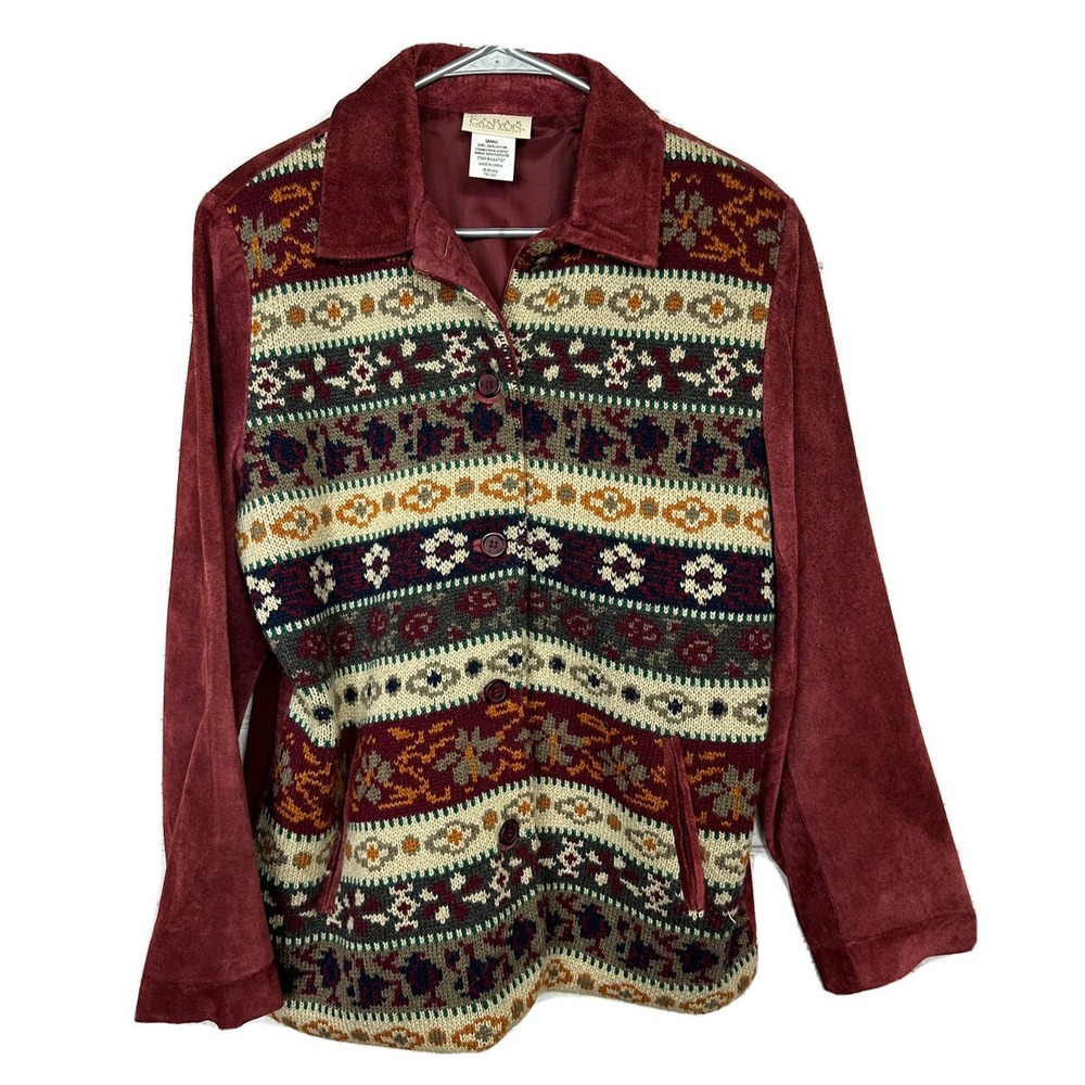 Cedar Canyon Leather and Woven Knit‎ Sweater Western Shacket Jacket, sz S
